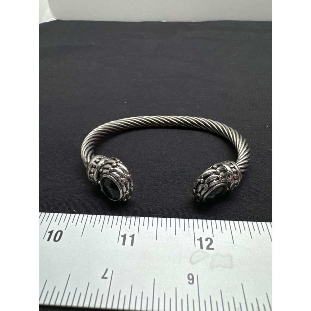 Twisted Cable Style Silver Tone & Black Onyx Cable Cuff Bracelet